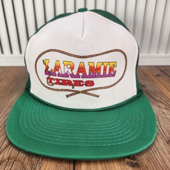 VTG Laramie Tires Snapback Trucker Hat Cap White Green Colorful Logo Farmer Mesh - Picture 2 of 10